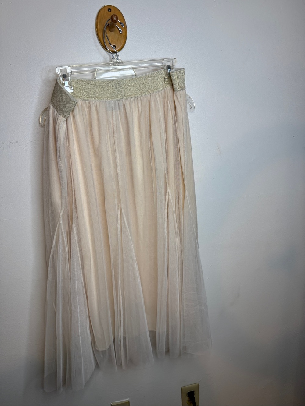 Cream Tulle Midi Skirt with Glitter Elastic Waistband